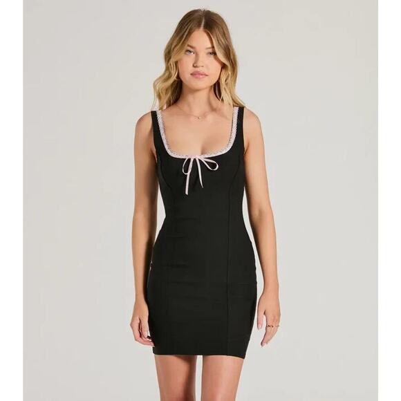 Y2K Coquette Black Bodycon Mini Dress with Pink Satin Ribbon Trim – Windsor Smal - Picture 1 of 12